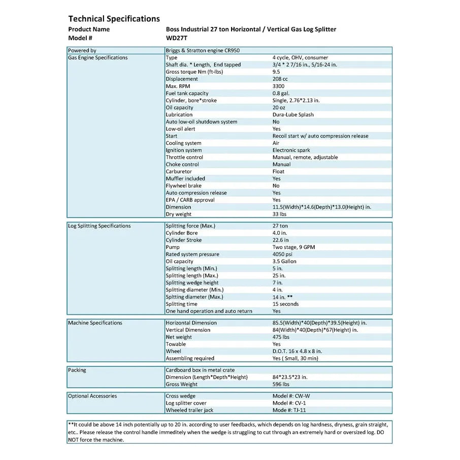 Boss Industrial 27-Ton Horizontal/Vertical Gas Log Splitter (WD27T)