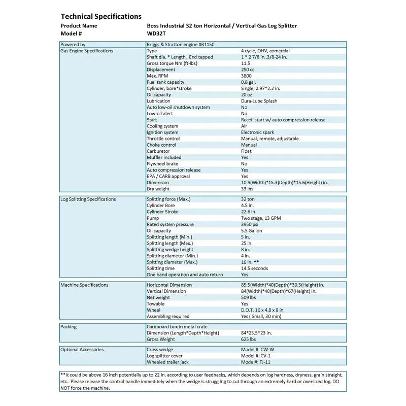 Boss Industrial 32-Ton Horizontal/Vertical Gas Log Splitter (WD32T)